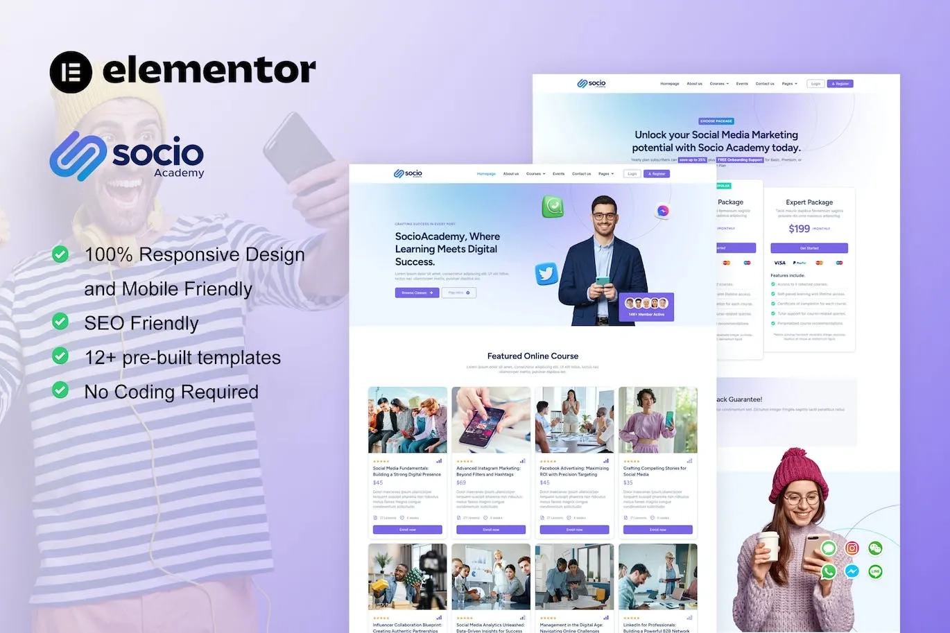 SocioAcademy – Social Media Management Course Elementor Template
