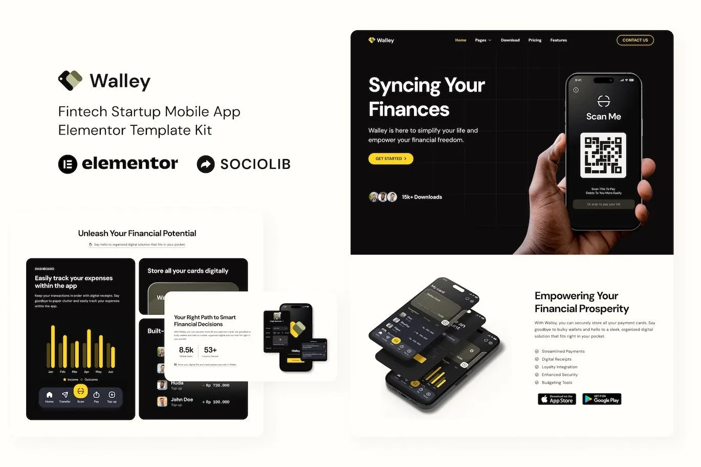 Walley – Fintech Startup Mobile App Elementor Template