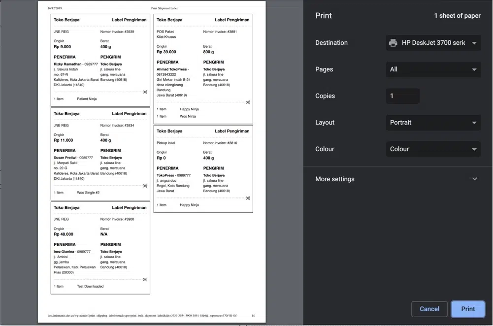 WooCommerce Print Label Shipping WordPress Plugin (TokoPressID)