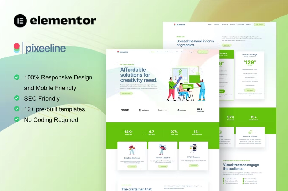 Pixeeline – Graphics Illustration Freelance & Creative Agency Elementor Template