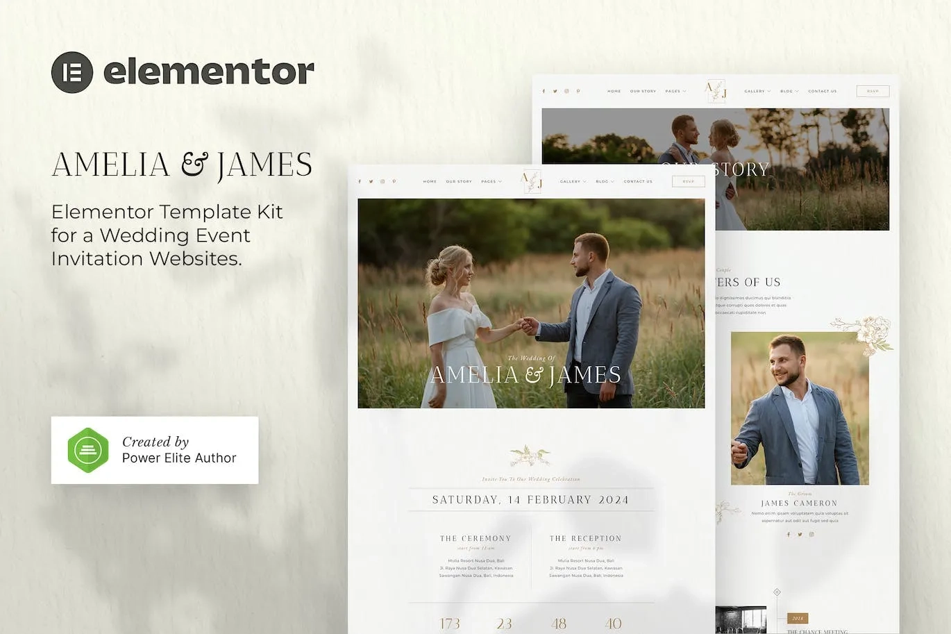 Amelia & James – Wedding Invitation Elementor Template