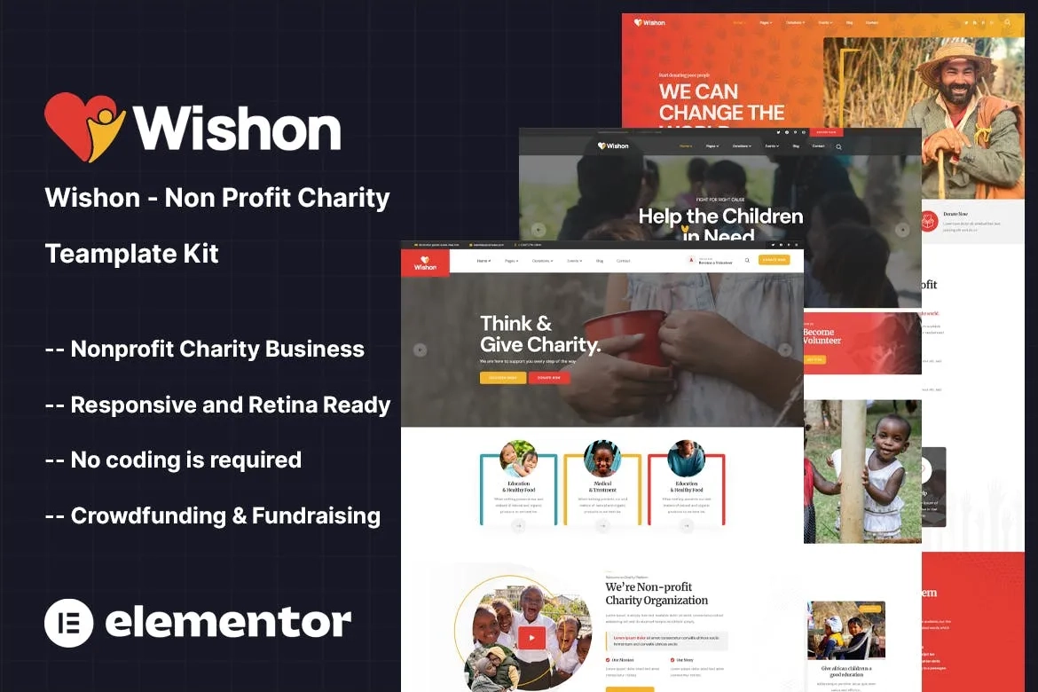 Wishon – Non Profit Charity Elementor Template