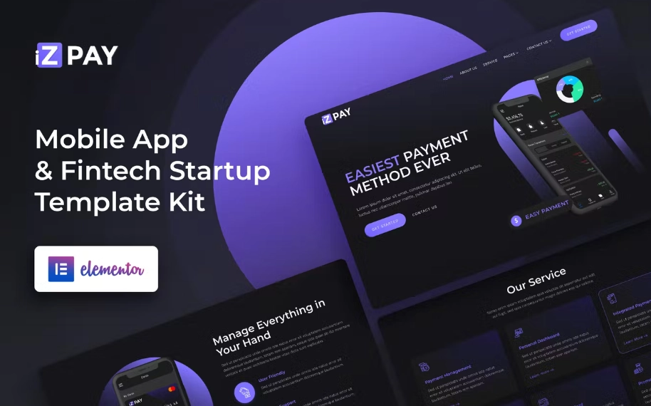 iZPAY – Mobile App & Fintech Startup Elementor Template