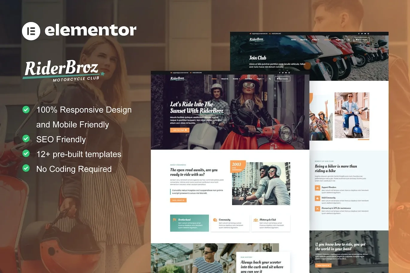 RiderBroz – Motorcycle Club Elementor Template