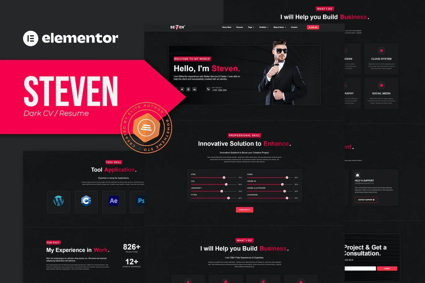 Steven – Dark CV Portfolio Resume Elementor Template