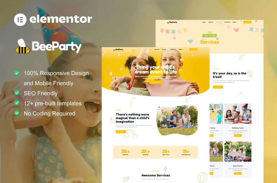 BeeParty – Kids Party Planner Elementor Template