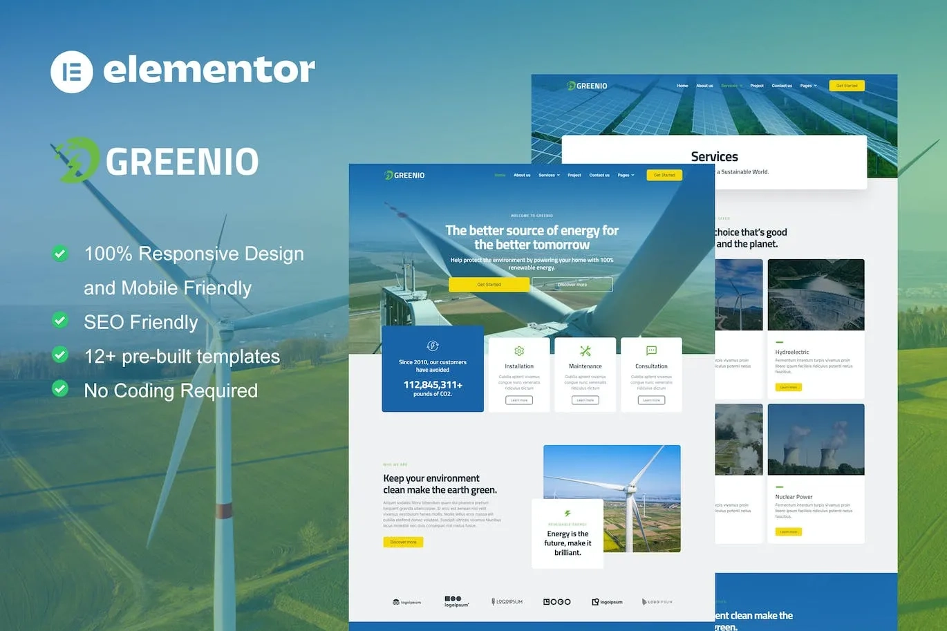 Greenio – Green Energy & Technology Company Elementor Template