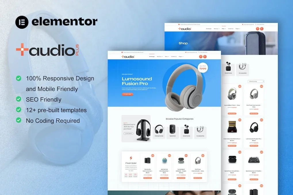 AudioPlus – Audio Store WooCommerce Elementor Template