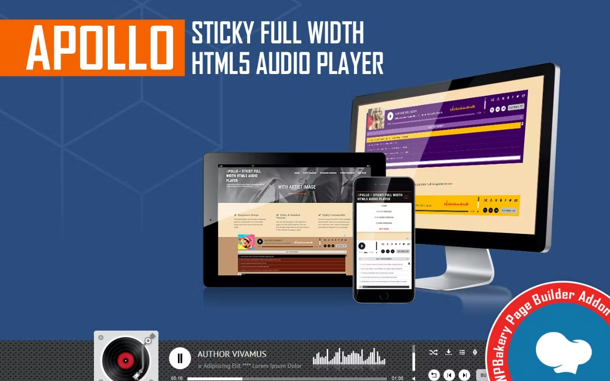 Apollo Sticky Full Width HTML5 Audio Player - Addon For Visual Composer