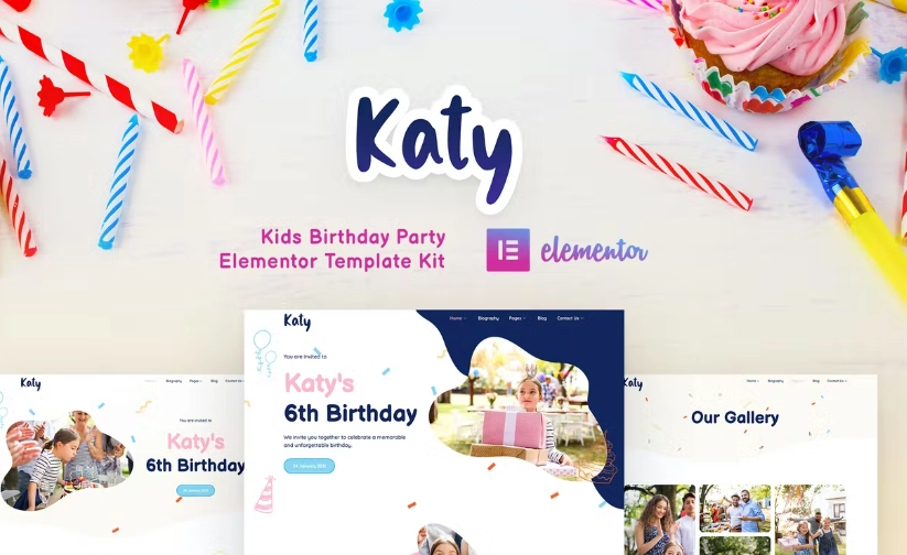 Katy – Kids Birthday Party Planner & Invitation Elementor Template