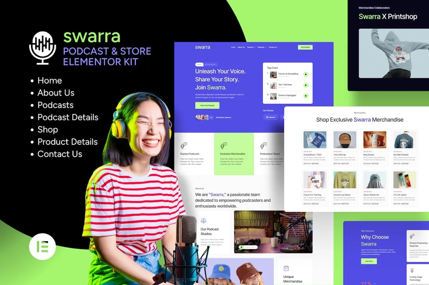 Swarra – Podcast Streaming & Merchandise Store Template
