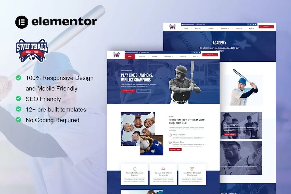 SwiftBall – BaseBall Team & Sport Club Elementor Pro Template
